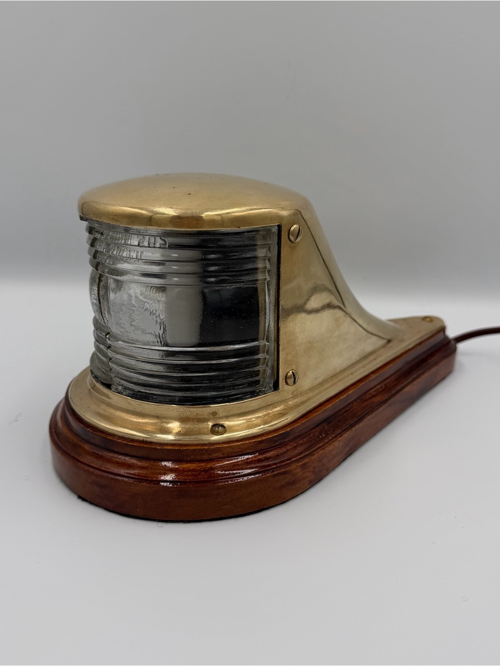 Vintage Brass Ship's Running Light on Wood Base - Brass & Clear Glass